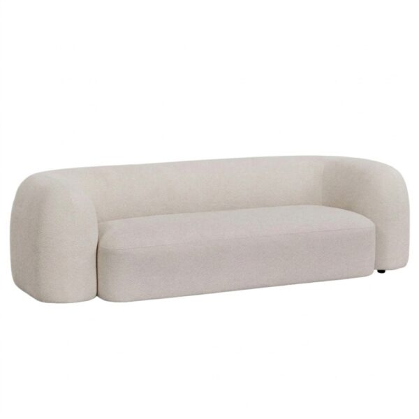 Cream-beige curved sofa with rounded arms and low back, modern living-room style edge-to-edge seating.